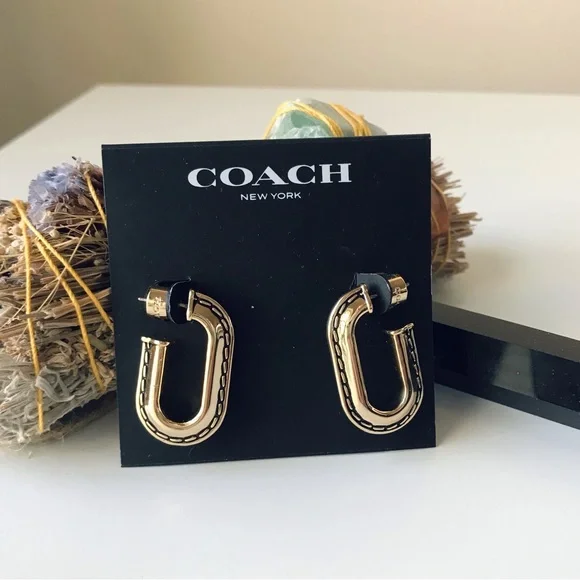 Coach Large Stitched Chain Link Gold Earrings, NWT - Picture 14 of 16